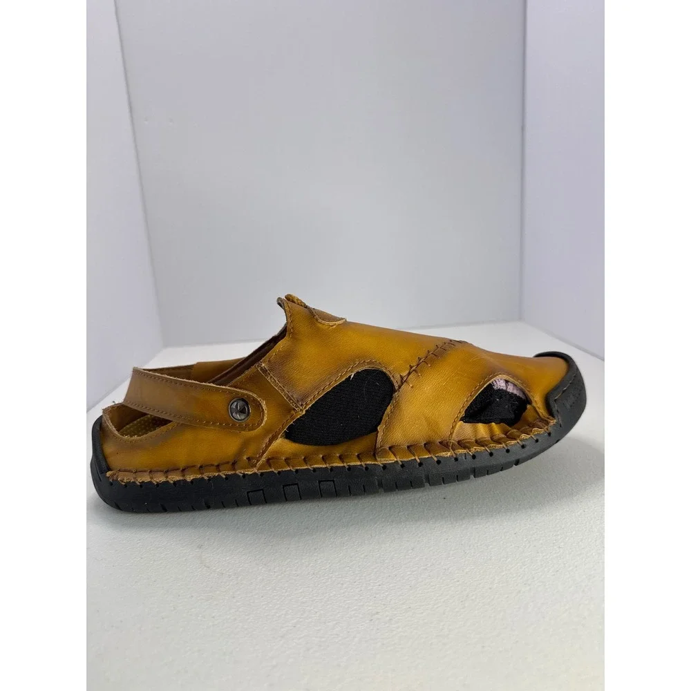 Fashion Mens Tan Leather Fisherman Sandals Closed Toe Stitched Rubber Sole 11.5